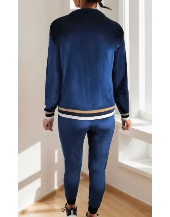 Kadın Uzun Kollu V Yaka Yakası Ve Kol Ağzı şerit Detay Kadife Takım