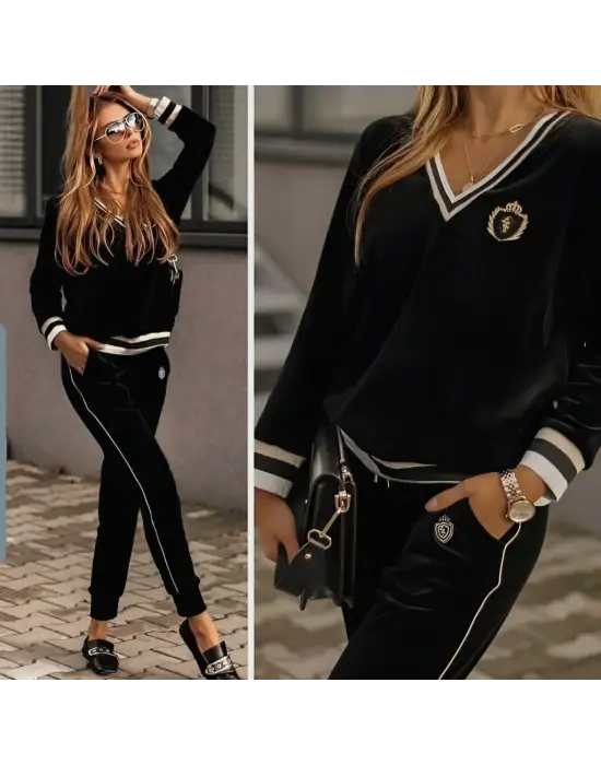 Kadın Uzun Kollu V Yaka Yakası Ve Kol Ağzı şerit Detay Kadife Takım