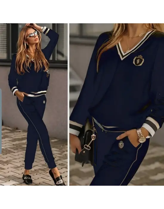 Kadın Uzun Kollu V Yaka Yakası Ve Kol Ağzı şerit Detay Kadife Takım