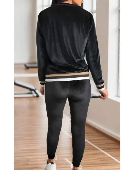 Kadın Uzun Kollu V Yaka Yakası Ve Kol Ağzı şerit Detay Kadife Takım