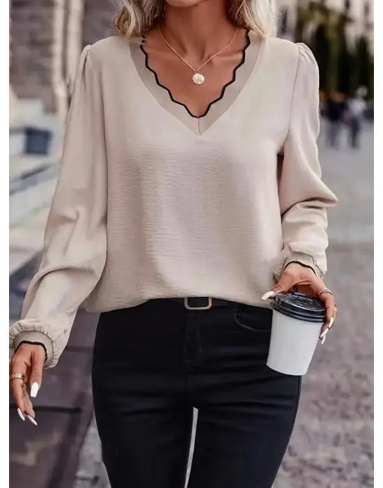 Kadın Uzun Kollu V Yakalı Aerobin Bluz