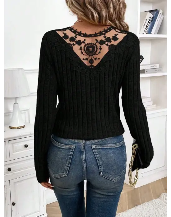 Kadın Uzun Kollu V Yakalı Arkadan Dantel Detaylı şardonlu Kaşkorse Bluz