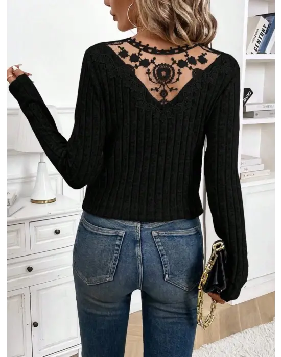 Kadın Uzun Kollu V Yakalı Arkadan Dantel Detaylı şardonlu Kaşkorse Bluz