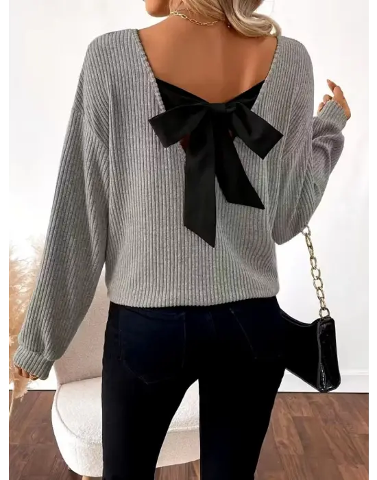 Kadın Uzun Kollu V Yakalı Arkadan Kurdela Detaylı şardonlu Kaşkorse Bluz