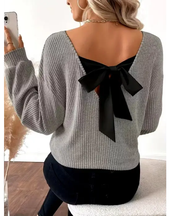 Kadın Uzun Kollu V Yakalı Arkadan Kurdela Detaylı şardonlu Kaşkorse Bluz