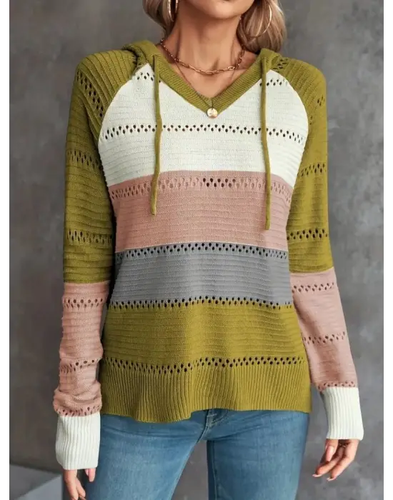 Kadın Uzun Kollu V Yakalı Bağcıklı Kapşonlu Triko Bluz