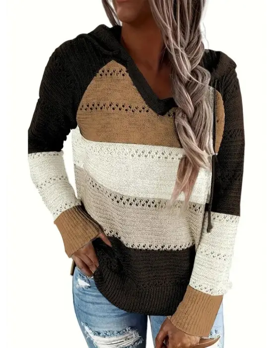 Kadın Uzun Kollu V Yakalı Bağcıklı Kapşonlu Triko Bluz