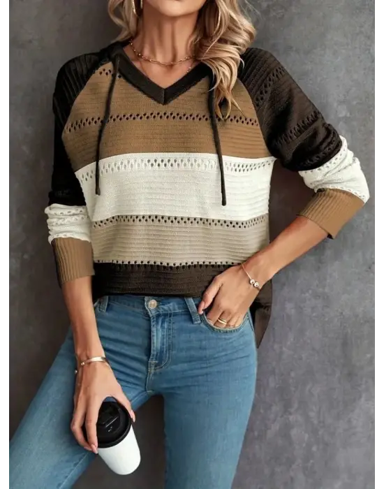 Kadın Uzun Kollu V Yakalı Bağcıklı Kapşonlu Triko Bluz