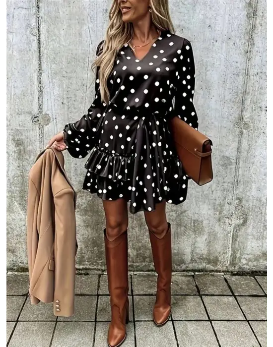Kadın Uzun Kollu V Yakalı Belden Kuşaklı Puantiyeli Mini Modal Elbise