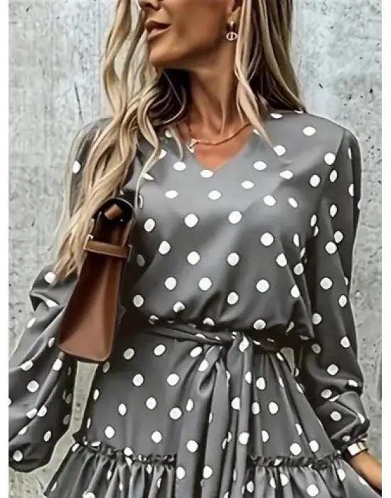 Kadın Uzun Kollu V Yakalı Belden Kuşaklı Puantiyeli Mini Modal Elbise
