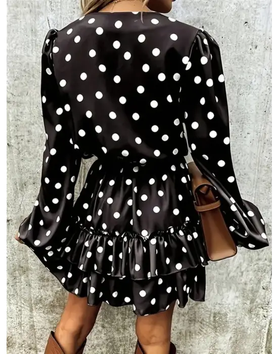 Kadın Uzun Kollu V Yakalı Belden Kuşaklı Puantiyeli Mini Modal Elbise