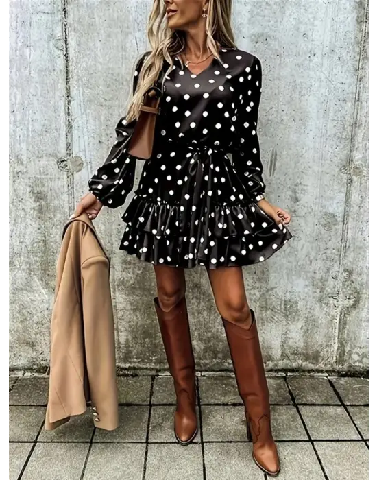 Kadın Uzun Kollu V Yakalı Belden Kuşaklı Puantiyeli Mini Modal Elbise