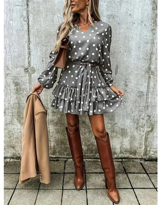 Kadın Uzun Kollu V Yakalı Belden Kuşaklı Puantiyeli Mini Modal Elbise