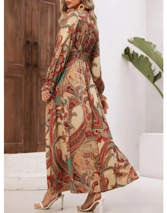 Desenli V Yakalı Uzun Kollu Elbise