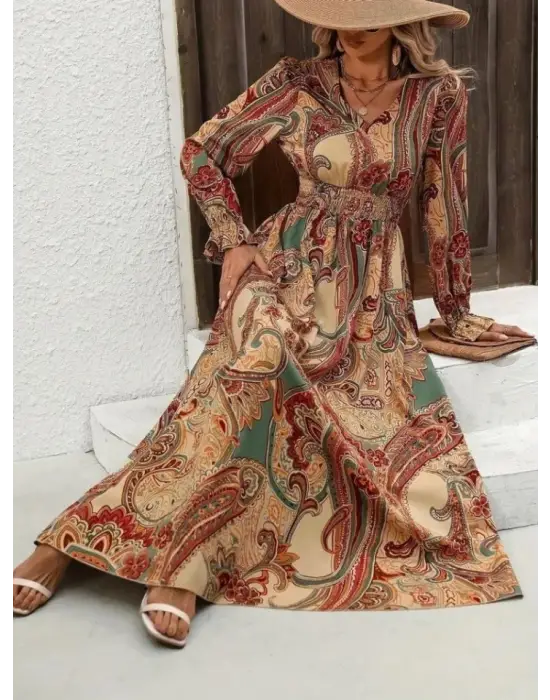 Desenli V Yakalı Uzun Kollu Elbise