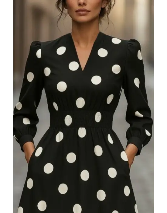 Kadın Uzun Kollu V Yakalı Beli Lastikli Puantiyeli Uzun Krep Elbise