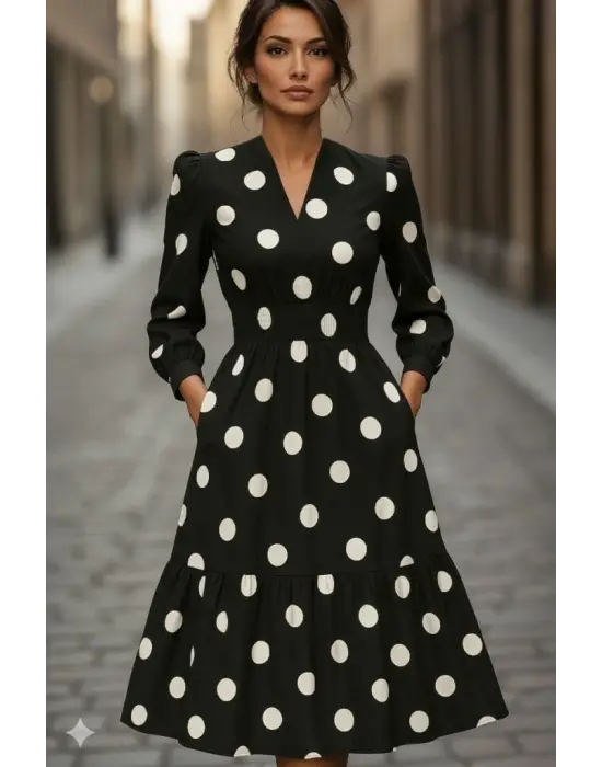 Kadın Uzun Kollu V Yakalı Beli Lastikli Puantiyeli Uzun Krep Elbise