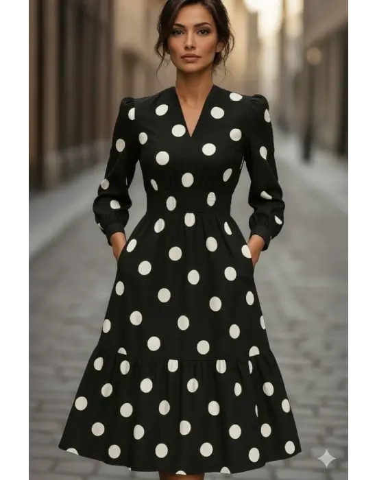 Kadın Uzun Kollu V Yakalı Beli Lastikli Puantiyeli Uzun Krep Elbise