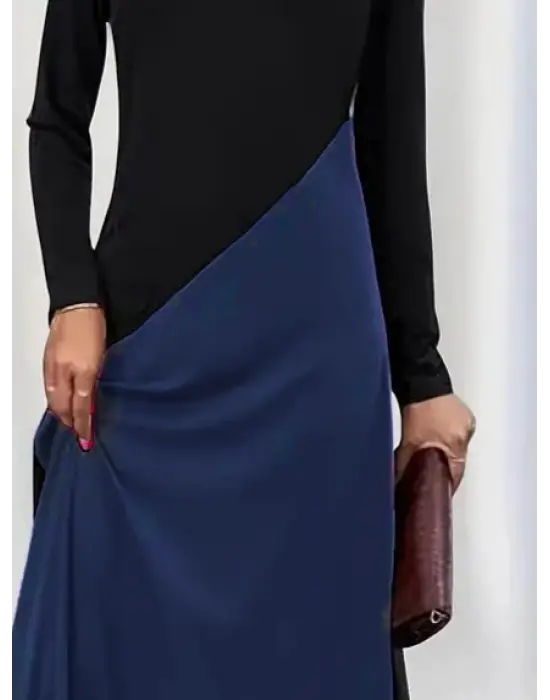 Kadın Uzun Kollu V Yakalı Blok Desenli Viskon Elbise