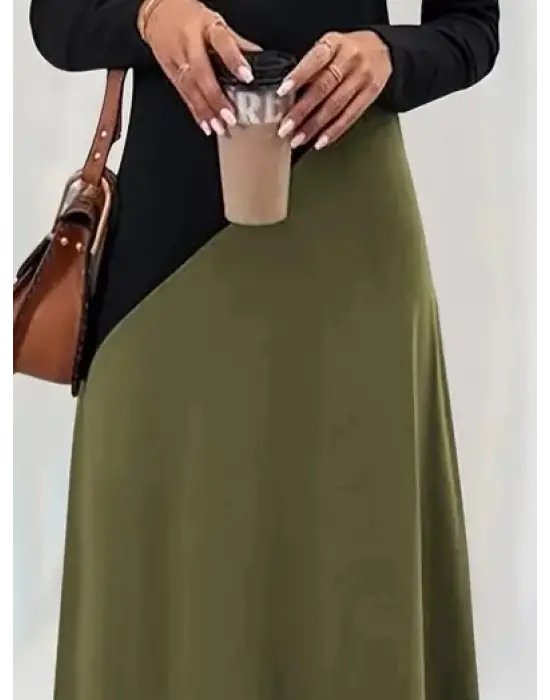 Kadın Uzun Kollu V Yakalı Blok Desenli Viskon Elbise