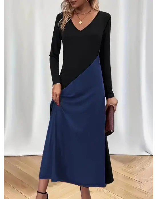 Kadın Uzun Kollu V Yakalı Blok Desenli Viskon Elbise