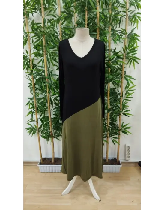 Kadın Uzun Kollu V Yakalı Blok Desenli Viskon Elbise