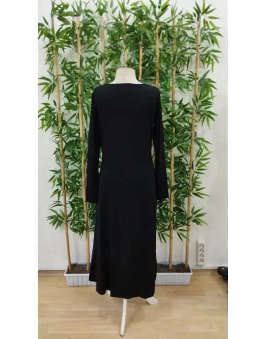 Kadın Uzun Kollu V Yakalı Blok Desenli Viskon Elbise