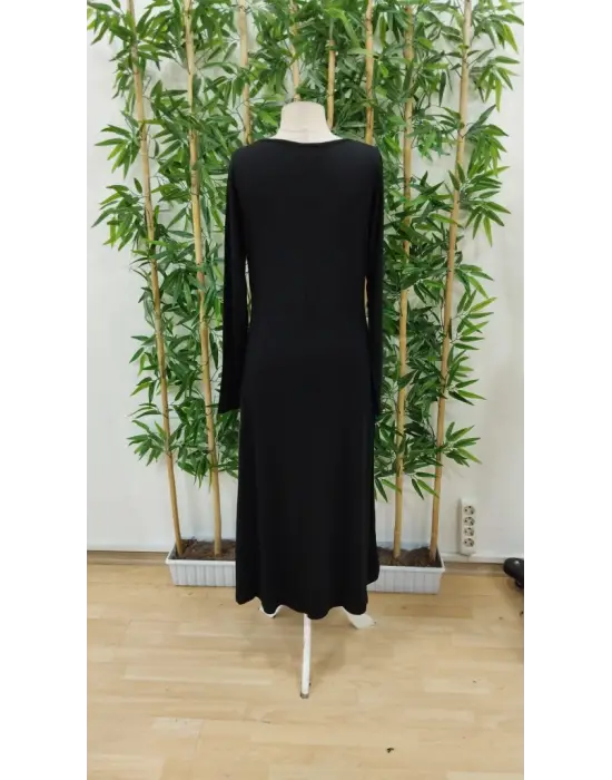 Kadın Uzun Kollu V Yakalı Blok Desenli Viskon Elbise