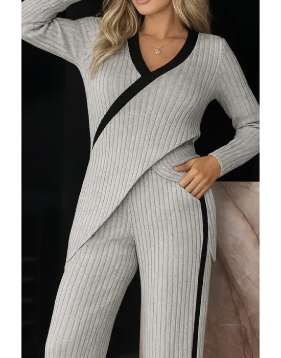 Kadın Uzun Kollu V Yakalı çapraz Detaylı şardonlu Kaşkorse Bluz Ve Pantolon Ikili Takım