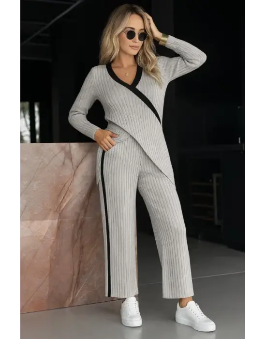 Kadın Uzun Kollu V Yakalı çapraz Detaylı şardonlu Kaşkorse Bluz Ve Pantolon Ikili Takım