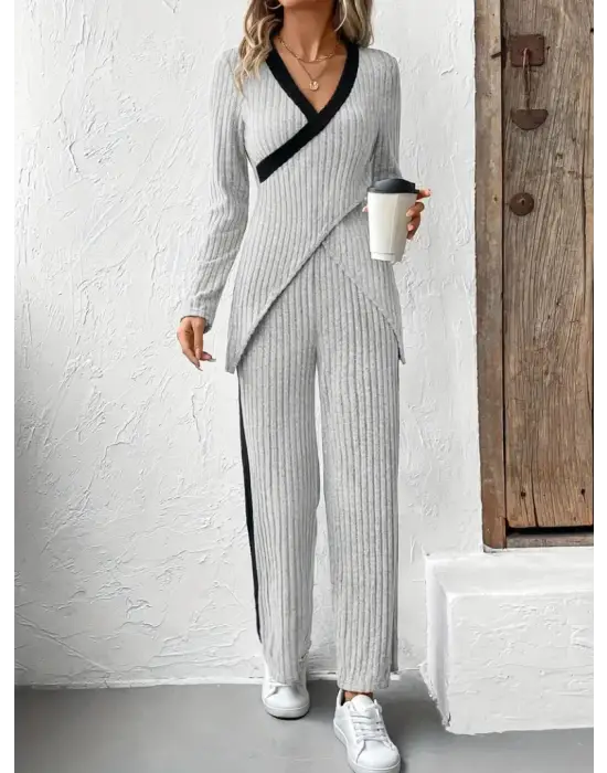 Kadın Uzun Kollu V Yakalı çapraz Detaylı şardonlu Kaşkorse Bluz Ve Pantolon Ikili Takım