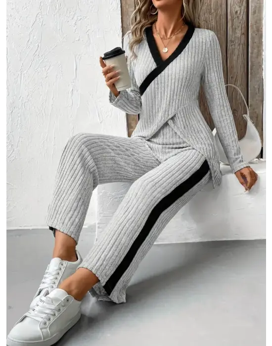 Kadın Uzun Kollu V Yakalı çapraz Detaylı şardonlu Kaşkorse Bluz Ve Pantolon Ikili Takım