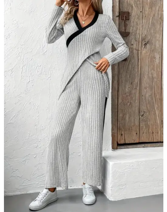 Kadın Uzun Kollu V Yakalı çapraz Detaylı şardonlu Kaşkorse Bluz Ve Pantolon Ikili Takım