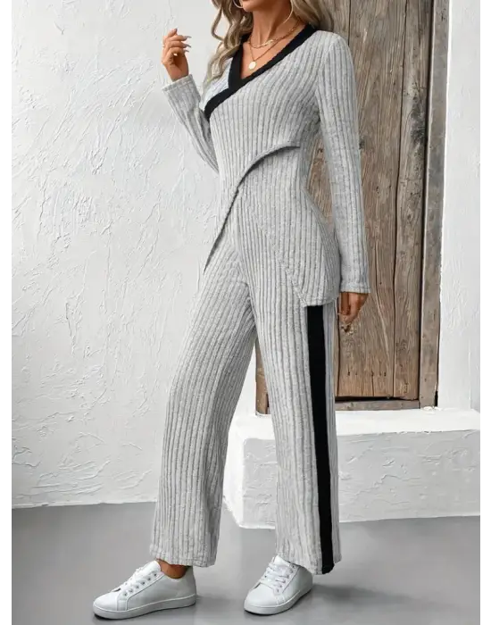 Kadın Uzun Kollu V Yakalı çapraz Detaylı şardonlu Kaşkorse Bluz Ve Pantolon Ikili Takım