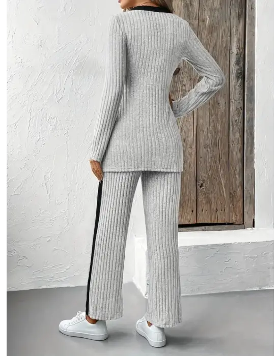 Kadın Uzun Kollu V Yakalı çapraz Detaylı şardonlu Kaşkorse Bluz Ve Pantolon Ikili Takım