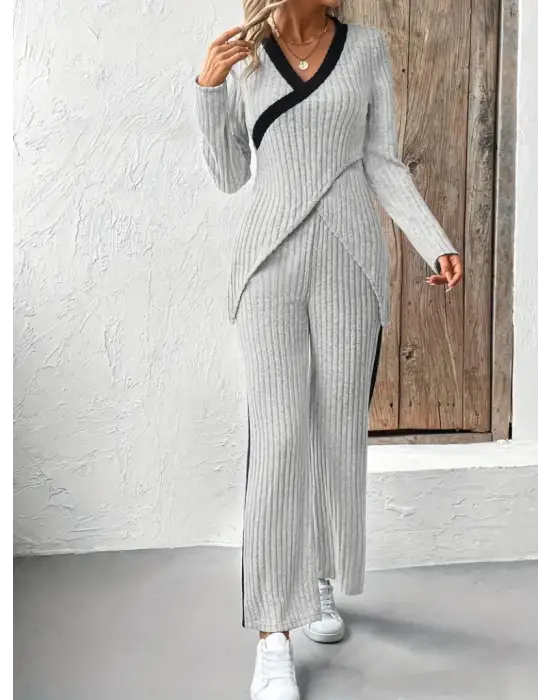 Kadın Uzun Kollu V Yakalı çapraz Detaylı şardonlu Kaşkorse Bluz Ve Pantolon Ikili Takım