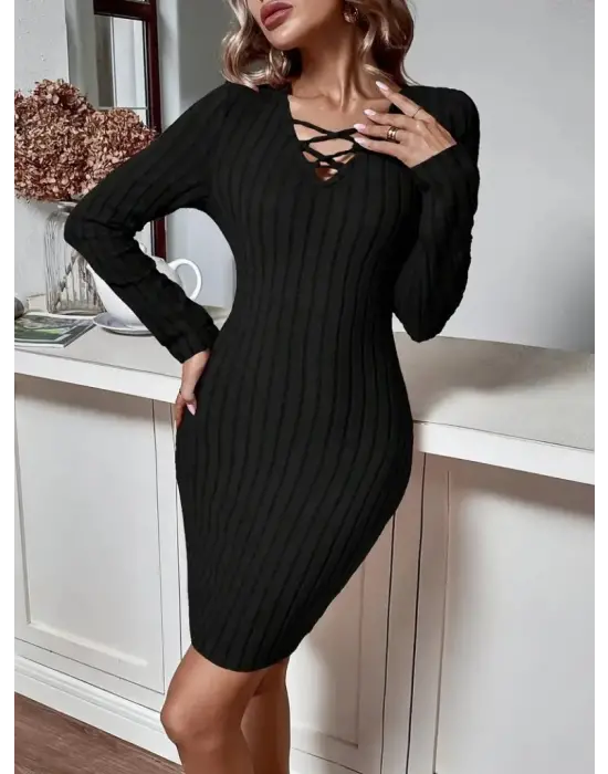 Kadın Uzun Kollu V Yakalı çapraz şerit Detaylı şardonlu Kaşkorse Midi Elbise