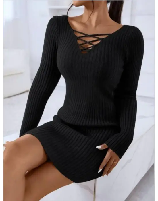 Omarı Uzun Kollu V Yaka Kadın Elbisesi