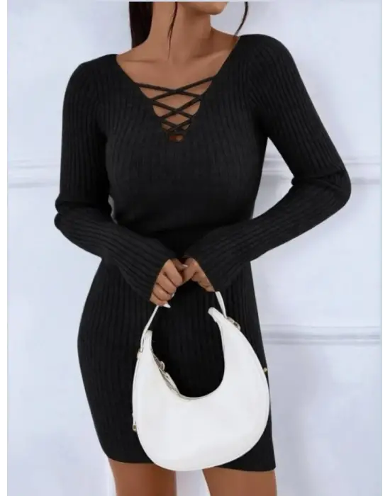 Kadın Uzun Kollu V Yakalı çapraz şerit Detaylı şardonlu Kaşkorse Midi Elbise