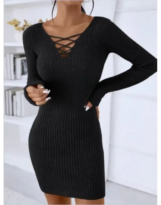 Omarı Uzun Kollu V Yaka Kadın Elbisesi