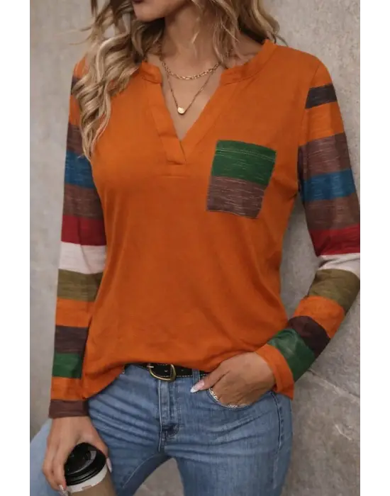 Kadın Uzun Kollu V Yakalı Cepli çok Renkli Viskon Bluz