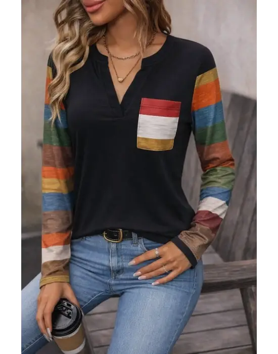 Kadın Uzun Kollu V Yakalı Cepli çok Renkli Viskon Bluz