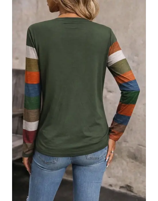 Kadın Uzun Kollu V Yakalı Cepli çok Renkli Viskon Bluz