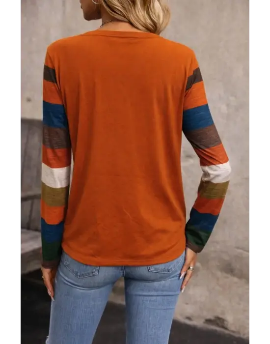 Kadın Uzun Kollu V Yakalı Cepli çok Renkli Viskon Bluz
