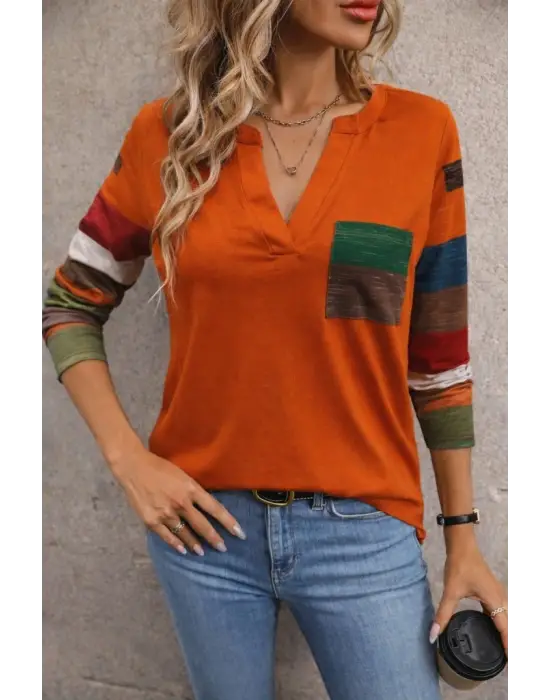 Kadın Uzun Kollu V Yakalı Cepli çok Renkli Viskon Bluz