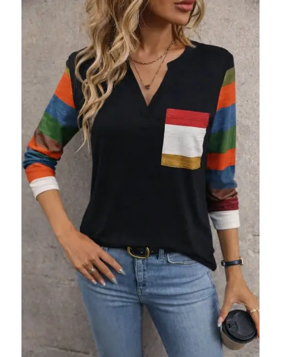 Kadın Uzun Kollu V Yakalı Cepli çok Renkli Viskon Bluz