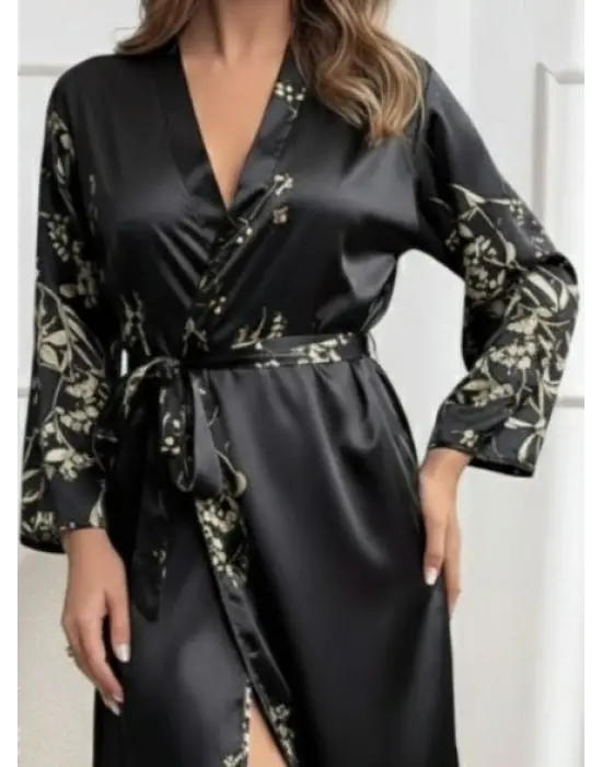 Kadın Uzun Kollu V Yakalı çiçek Baskılı Belden Kuşaklı Midi Saten Gecelik