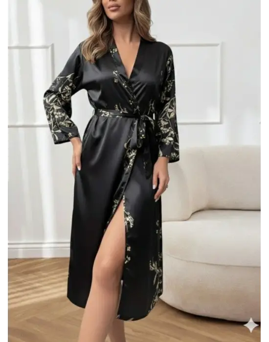 Kadın Uzun Kollu V Yakalı çiçek Baskılı Belden Kuşaklı Midi Saten Gecelik