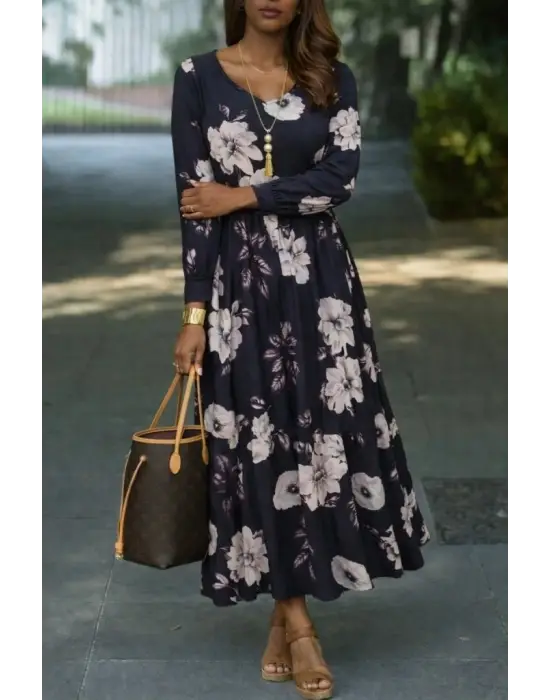Kadın Uzun Kollu V Yakalı çiçek Desenli Maxi Süprem Elbise