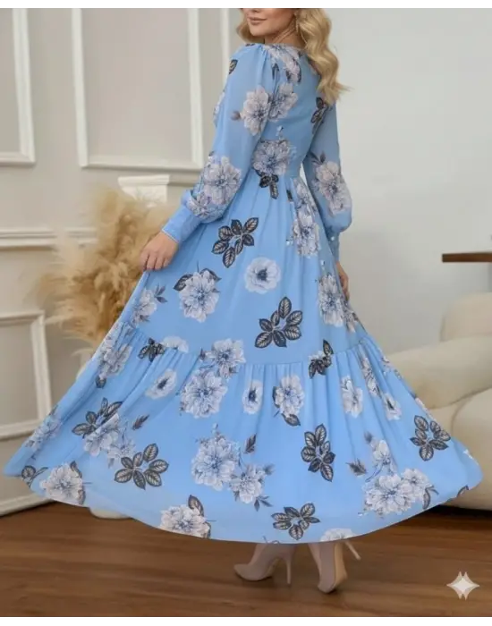 Kadın Uzun Kollu V Yakalı çiçek Desenli Maxi Süprem Elbise